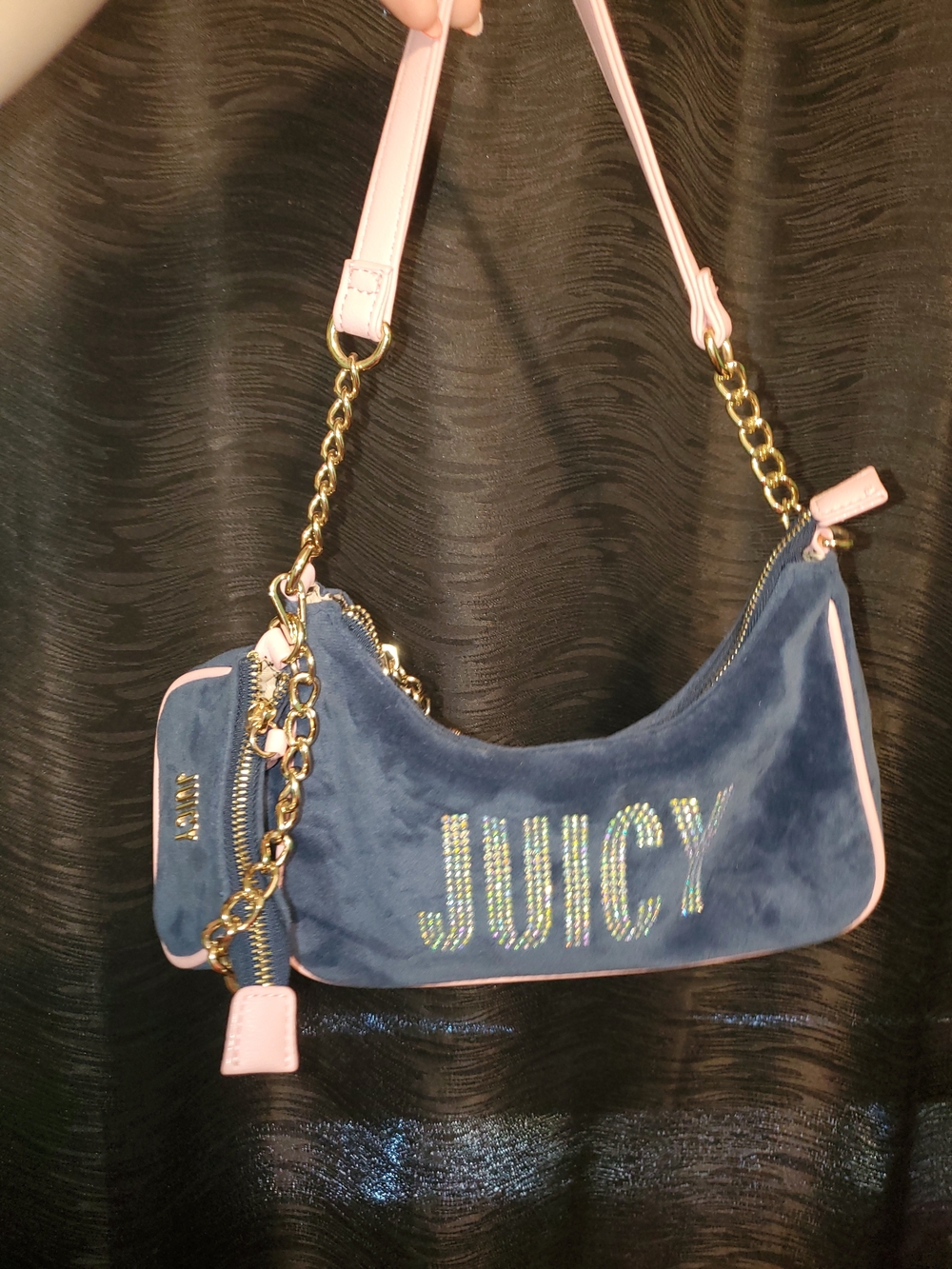 Juicy Couture Blue Velvet Shoulder Bag with Pink Trim and Gold Chain